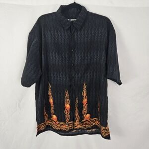 Vtg Y2K Flaming Skulls Button Up Shirt Large Box Office Island